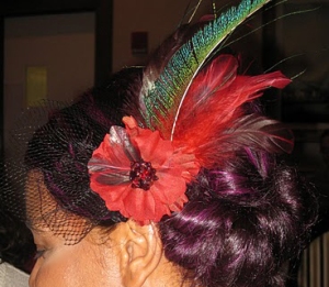 my hairdo and fascinator at Glo's wedding